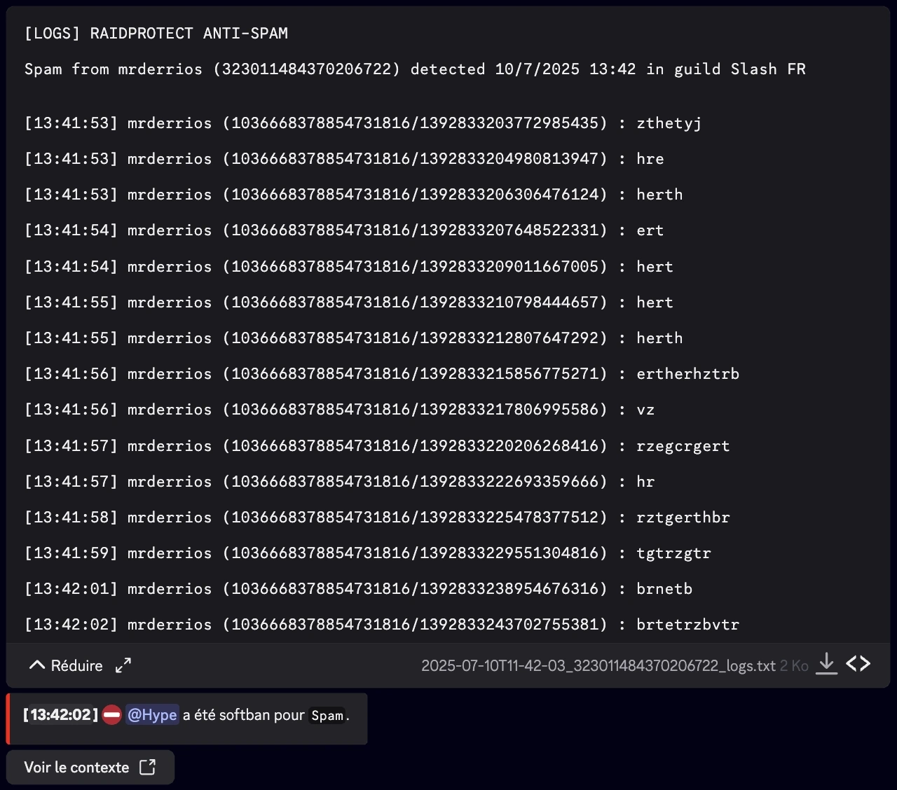 Capture d&#39;écran des logs de anti-spam dépliés
