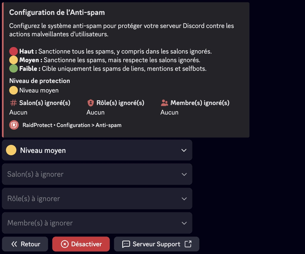 Capture d&#39;écran paramètre anti-spam