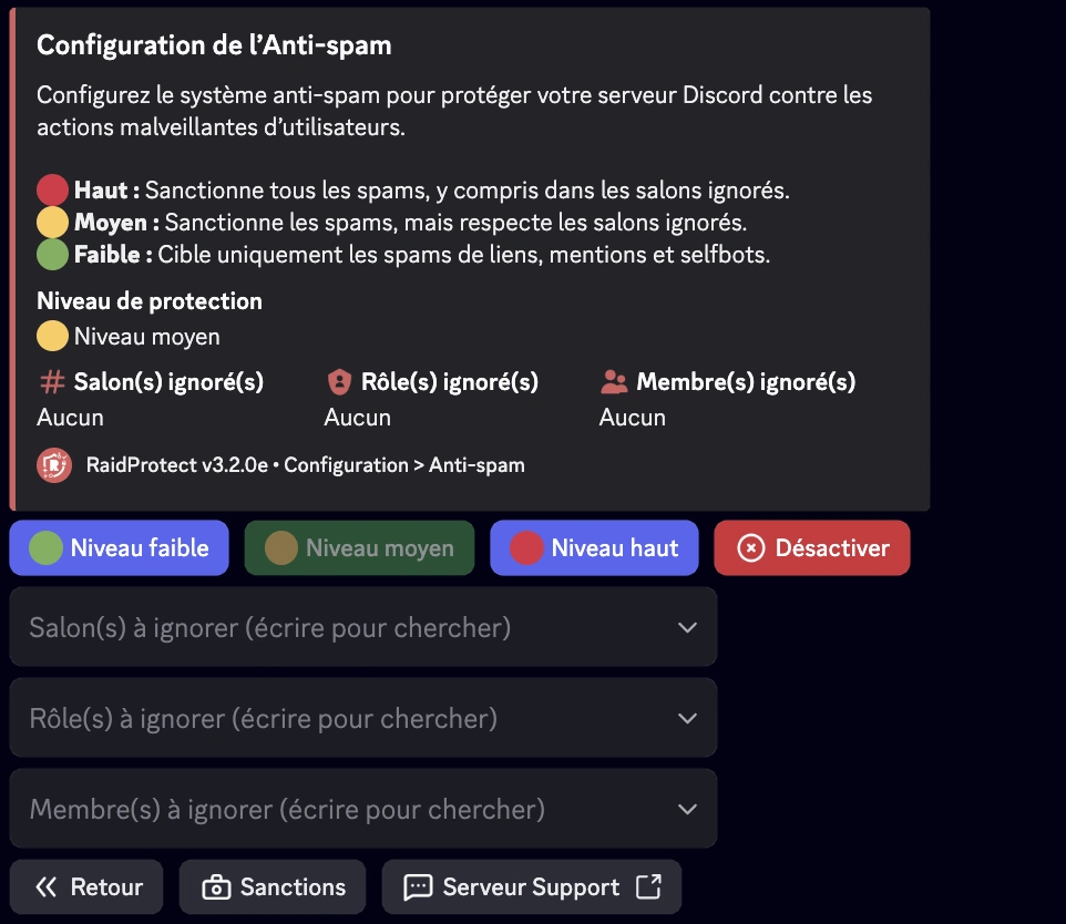 Capture d&#39;écran paramètre anti-spam