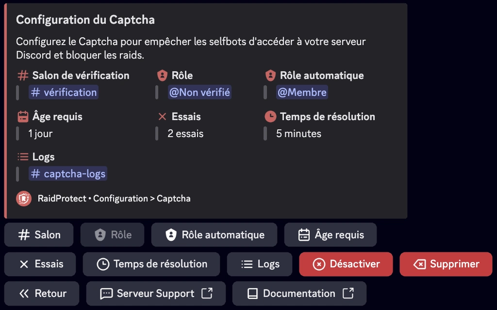 Capture d&#39;écran paramètre captcha