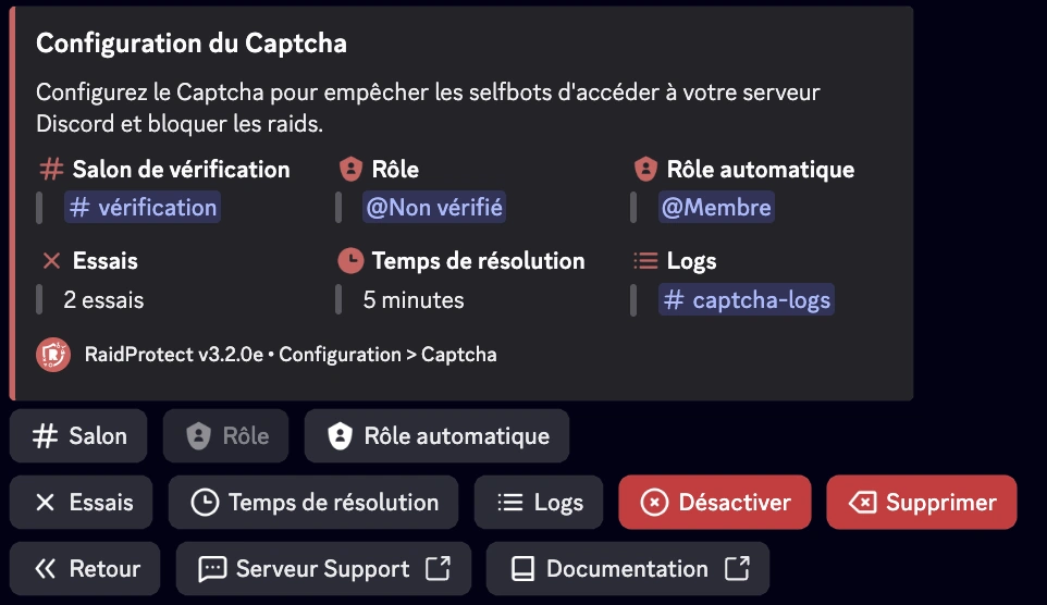 Capture d&#39;écran paramètre captcha