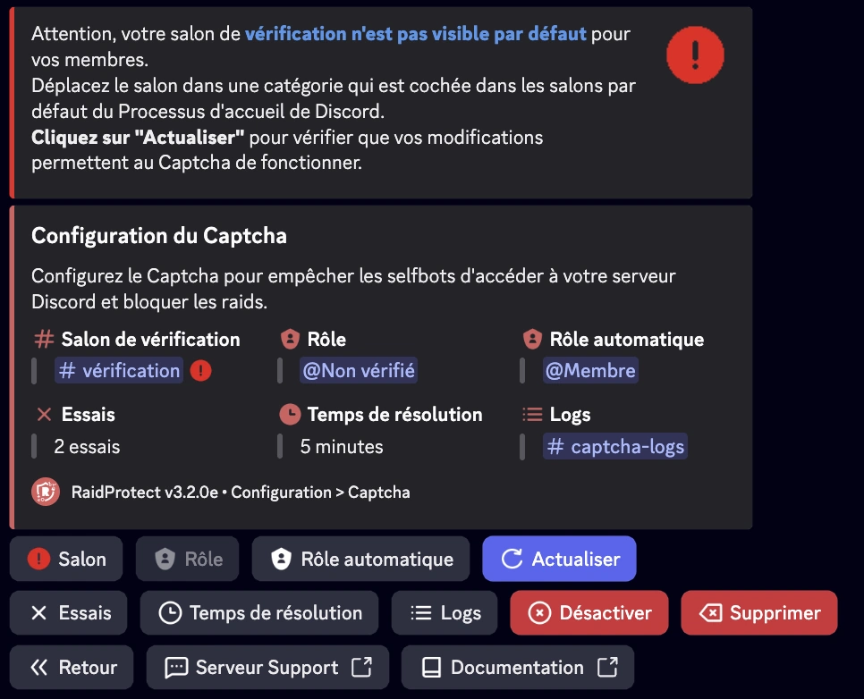 Capture d&#39;écran alert du captcha