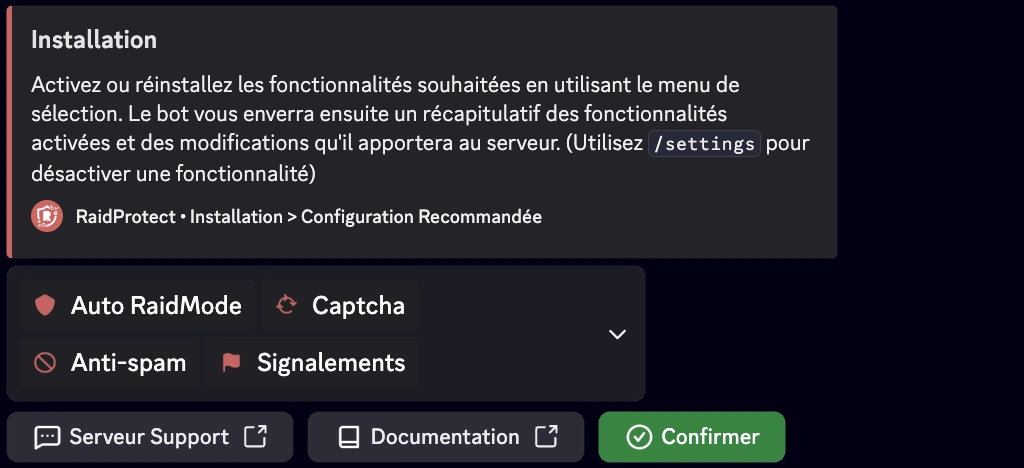 Capture d&#39;écran configuration recommandée