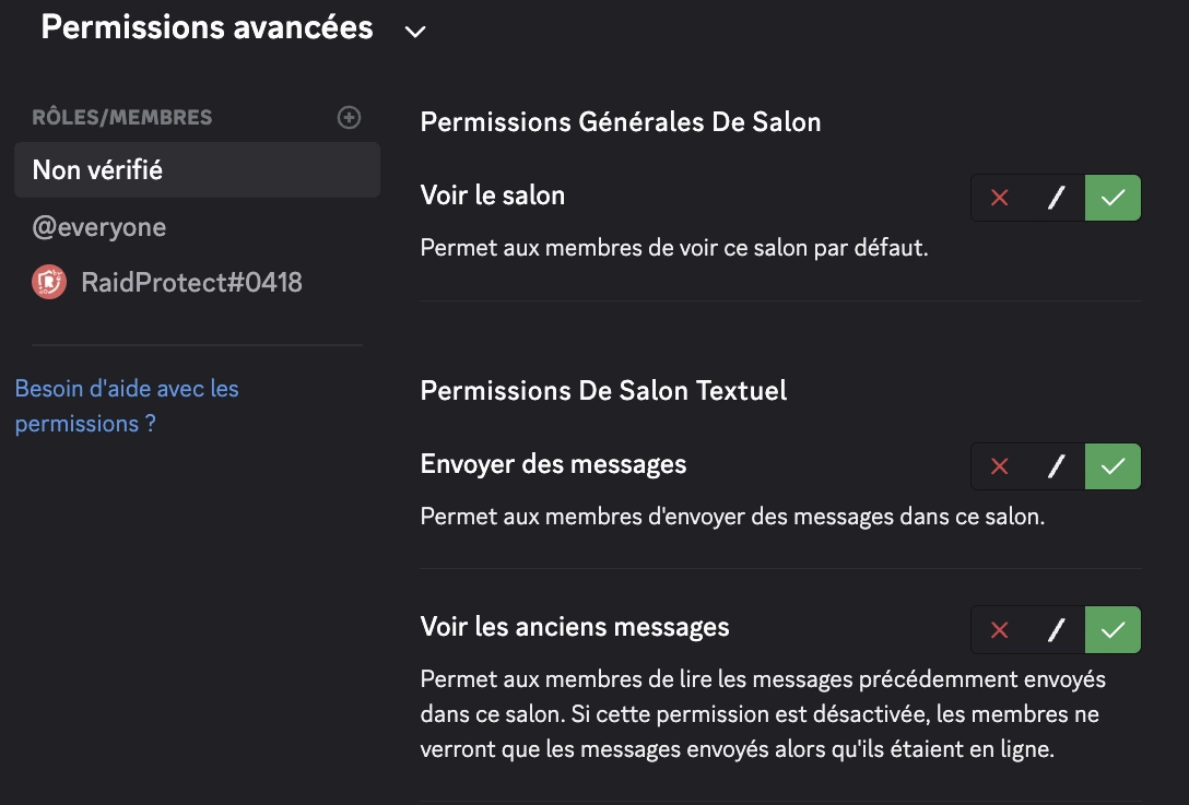 Capture d&#39;écran vérification des permissions du salon