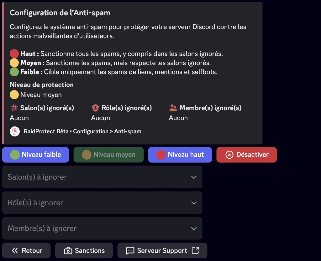 Capture d&#39;écran paramètre anti-spam