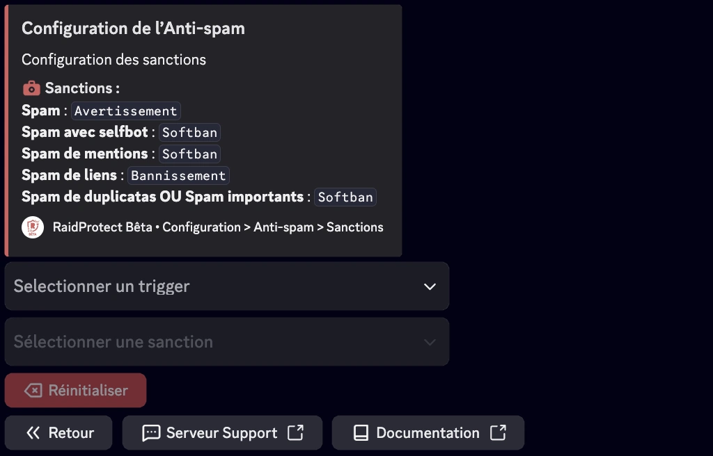 Capture d&#39;écran des sanctions anti-spam