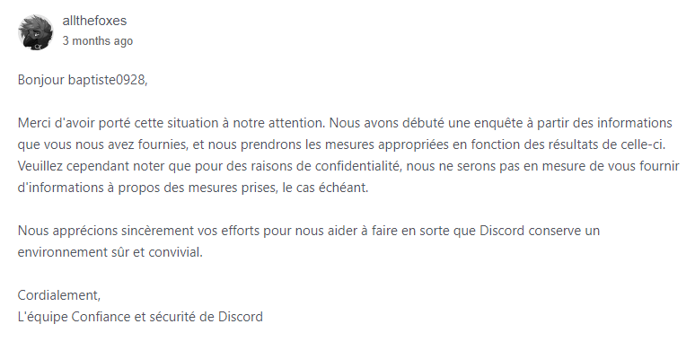 Screenshot der Antwort von Discord