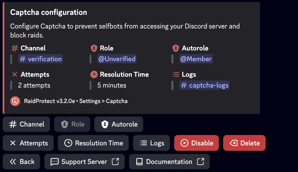Captcha settings screenshot