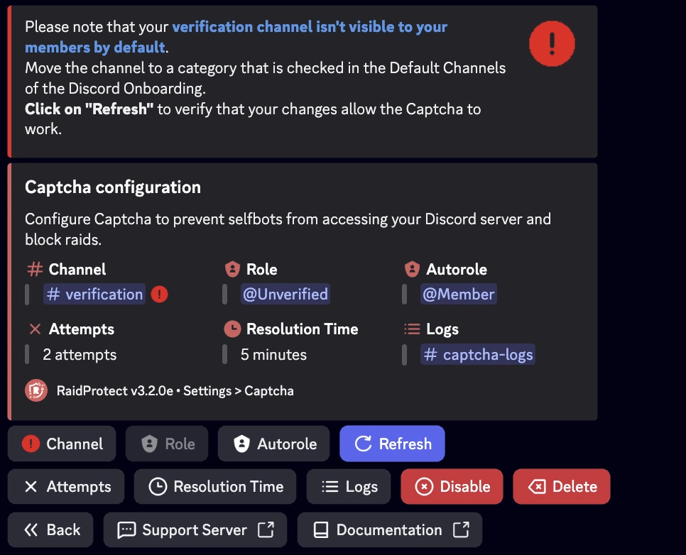 Screenshot der Captcha-Warnung