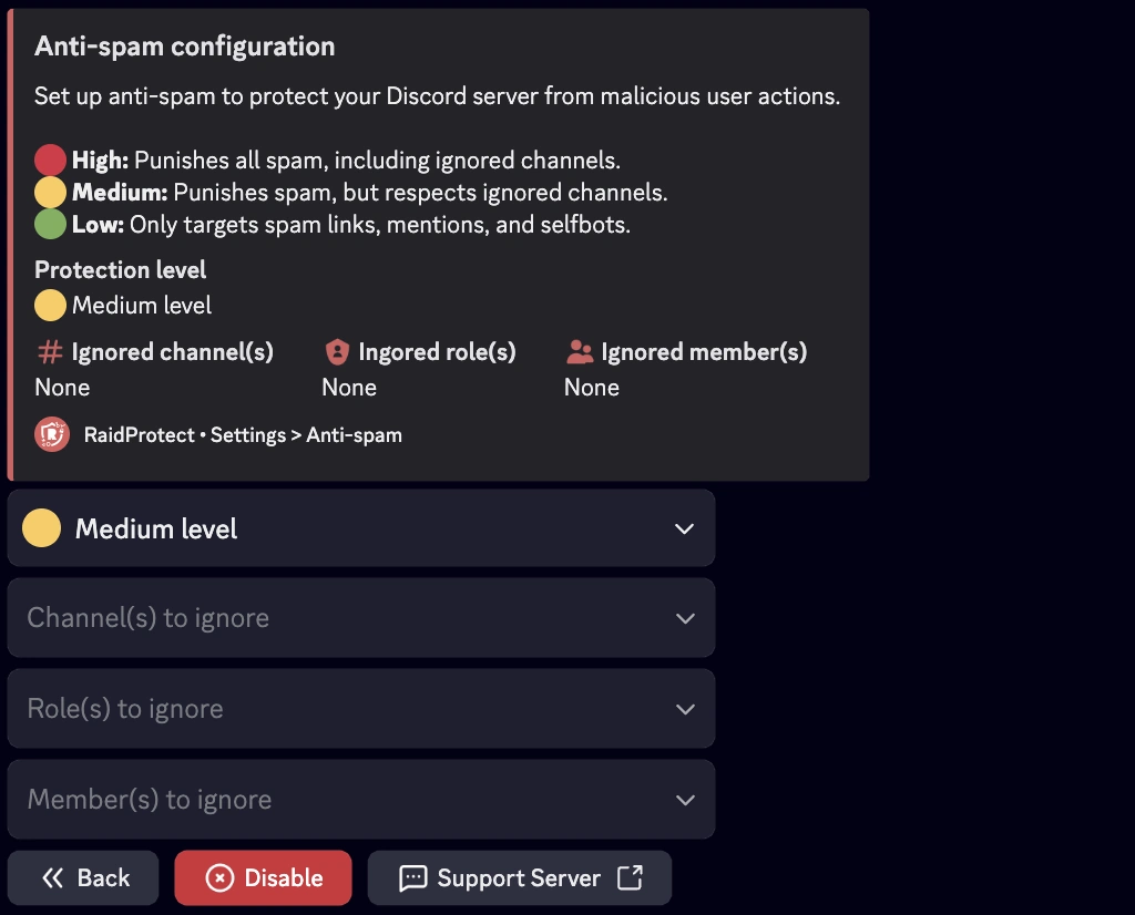 Anti-spam settings screenshot