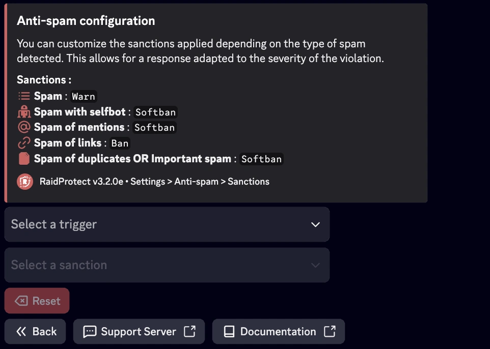 Screenshot of anti-spam sanctions