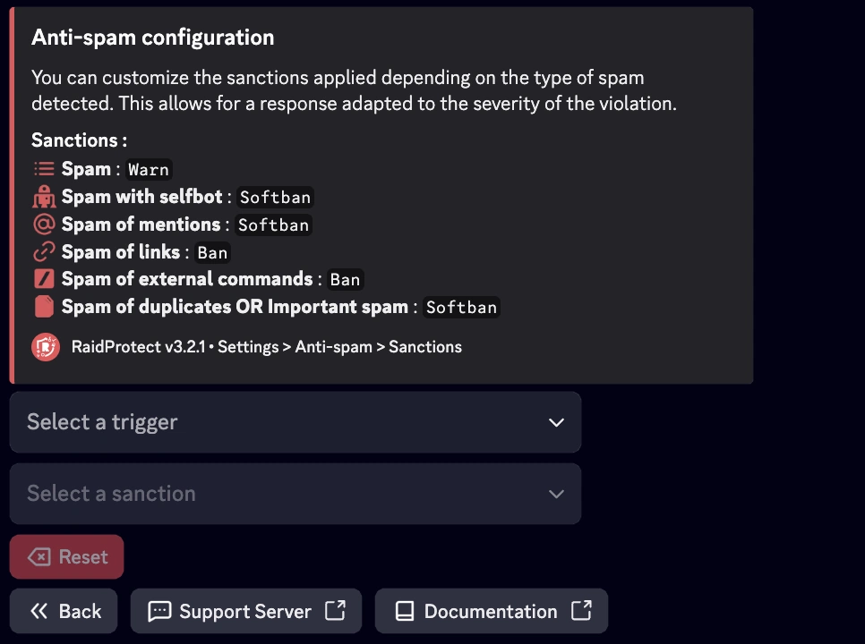 Screenshot of anti-spam sanctions