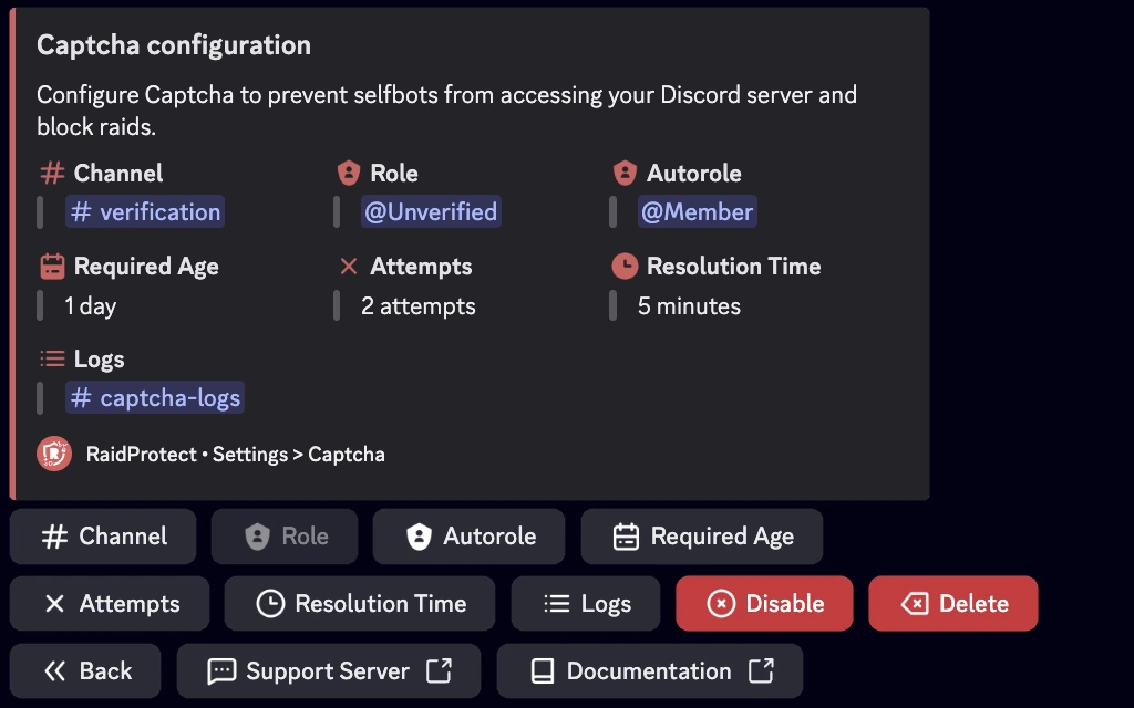 Captcha settings screenshot