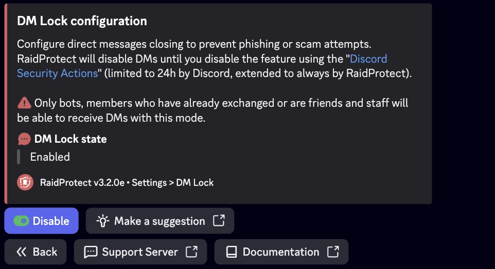 DM Lock settings screenshot