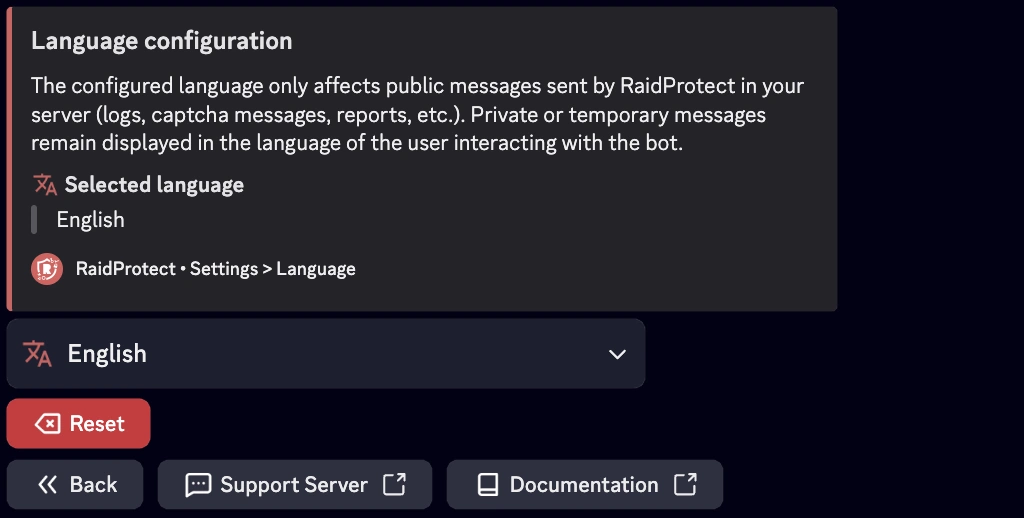 Screenshot of language settings