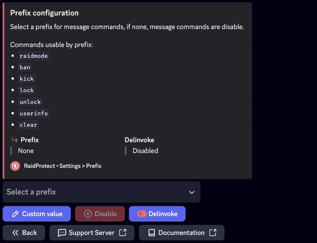 Prefix settings screenshot