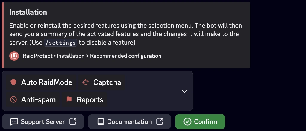 Recommended configuration screenshot
