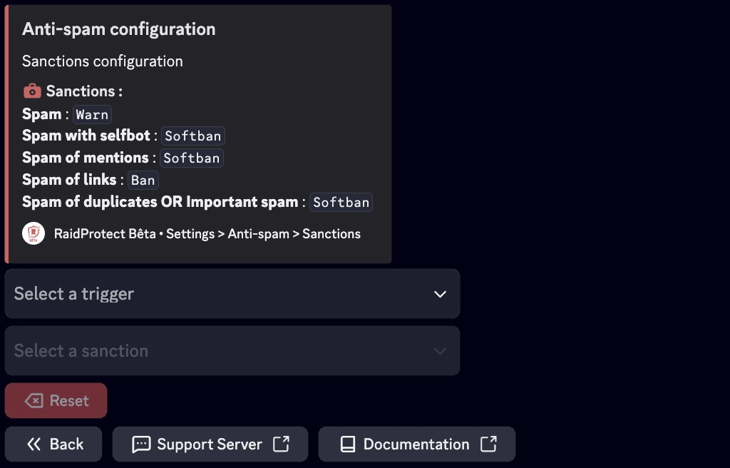 Screenshot of anti-spam sanctions