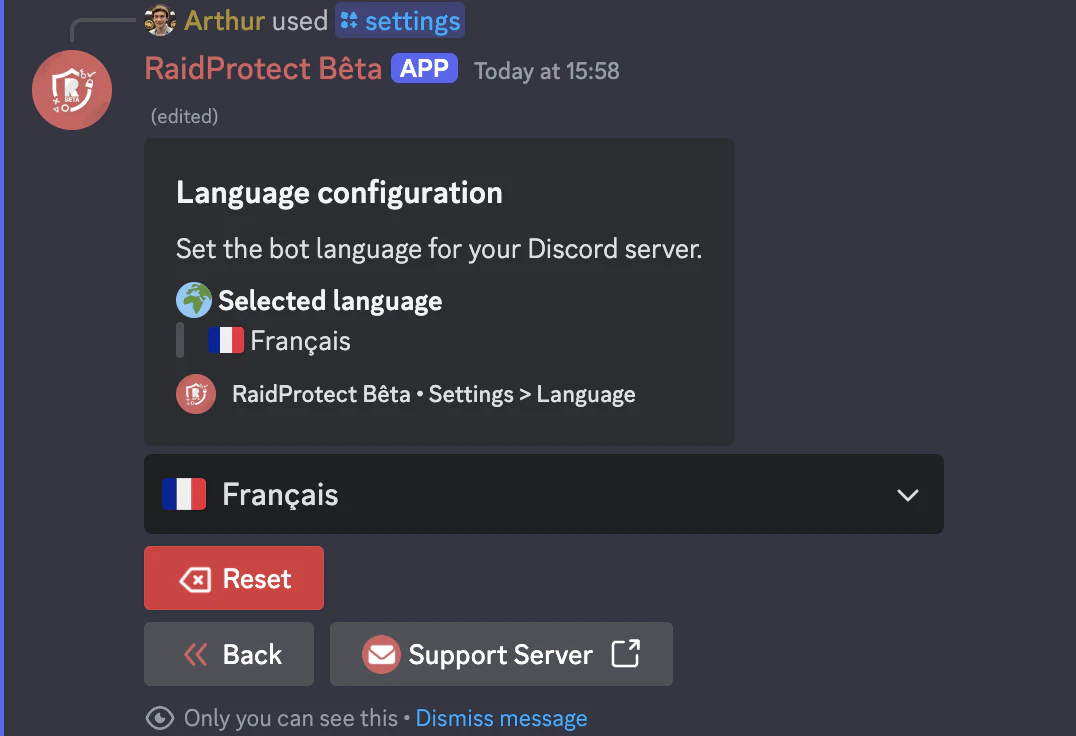 Screenshot of language settings