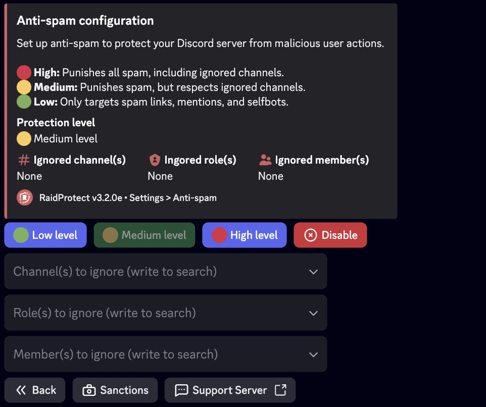 Captura de pantalla de la configuracion del anti-spam