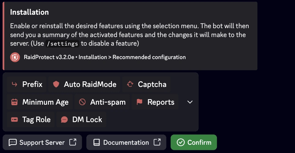 Captura de pantalla de la configuracion recomendada