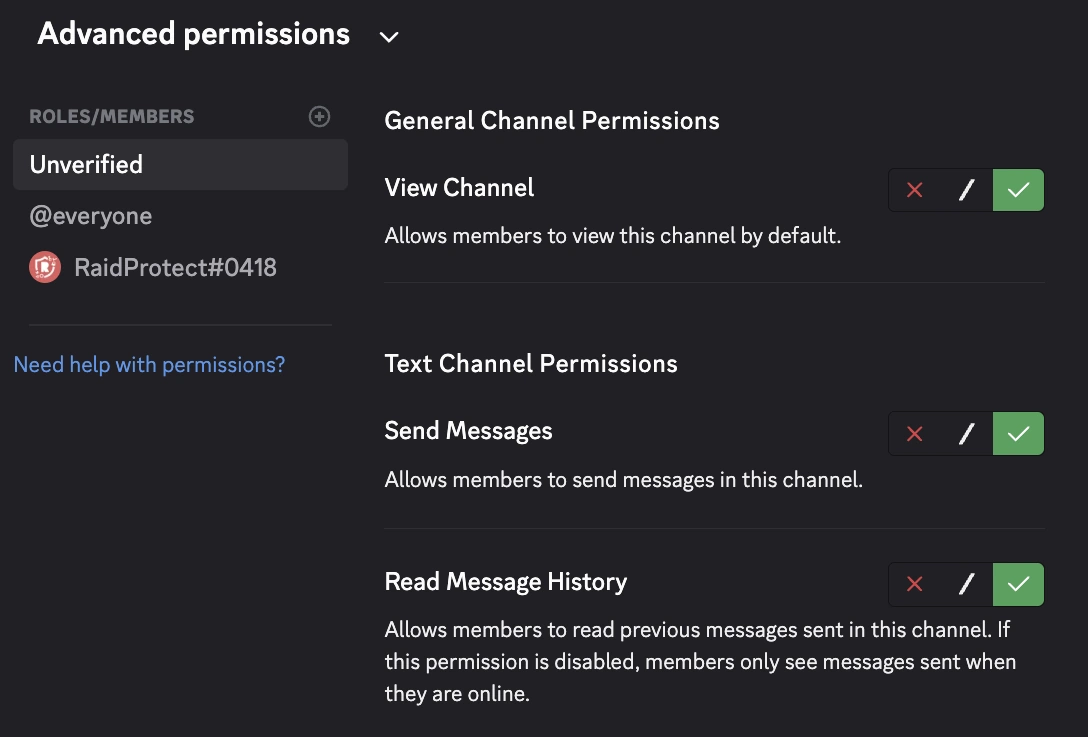 Captura de pantalla de la verificacion de permisos del canal