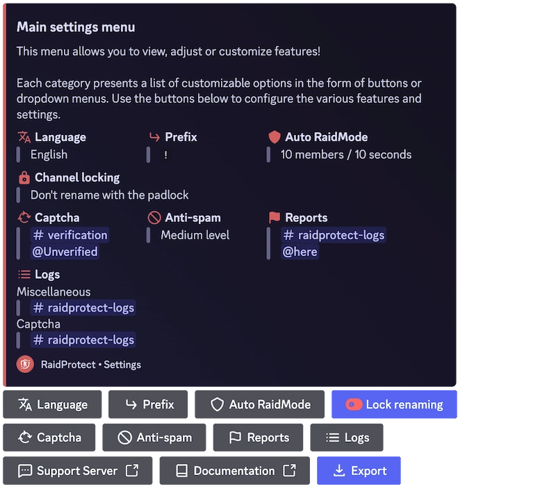 Screenshot of the configuration menu