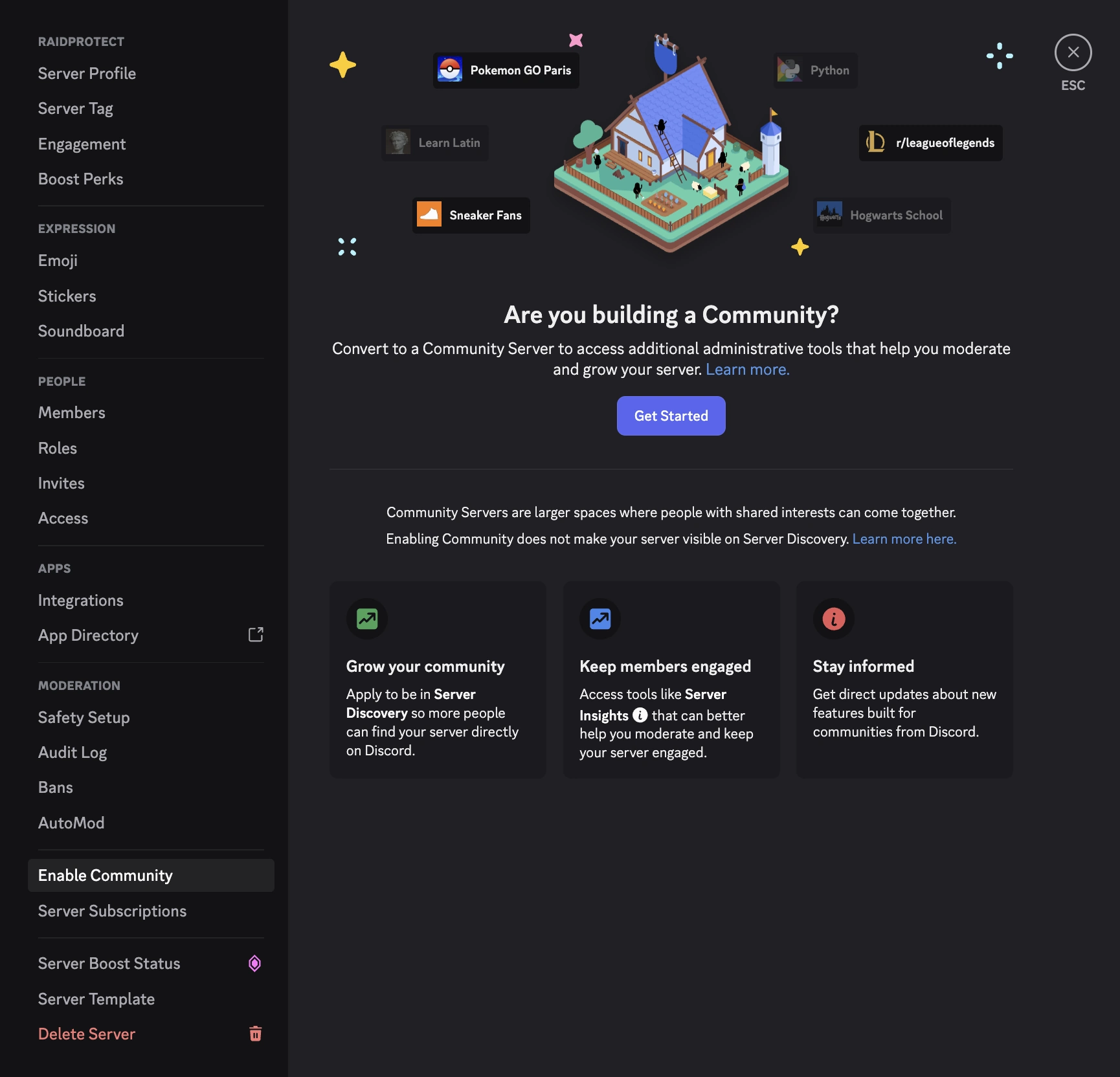 Captura de ecrã da ativação de comunidade Discord