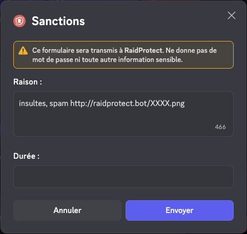 Captura de ecrã da edição de sanção